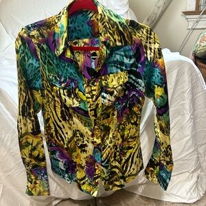 Cache gold teal purple and black blouse